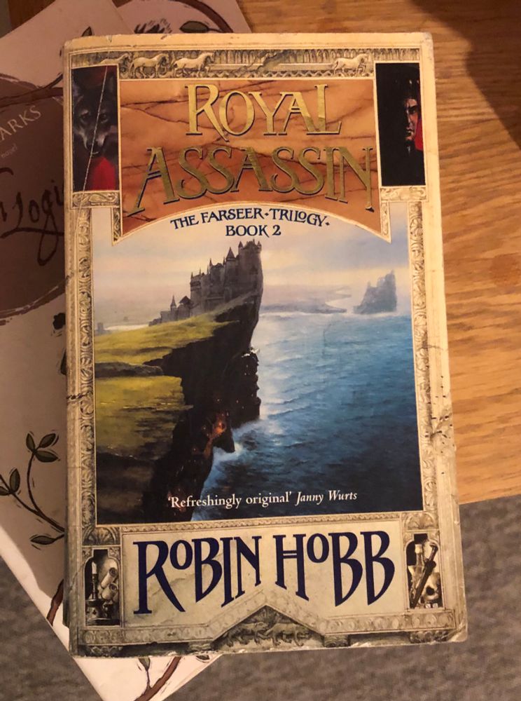 Book two of Robin Hobb’s The Farseer Trilogy, titled Royal Assassin. The central image on the cover depicts a keep centred around a castle, that is built on steep cliffs overlooking the sea. 