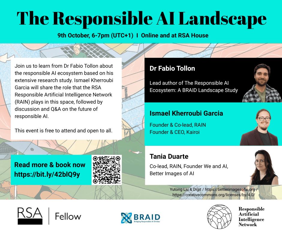Poster for the responsible AI landscape event, taking place at RSA House and online on 9th October at 6pm (UTC+1). 
