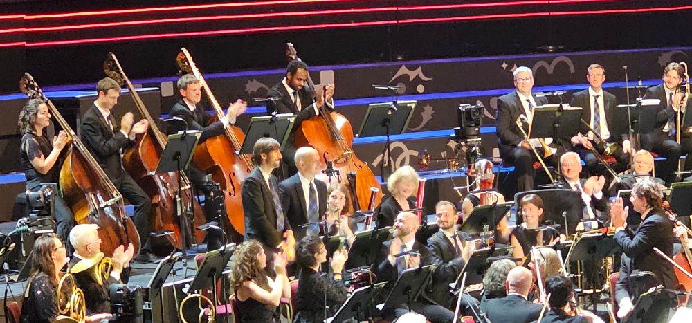 Conductor Maxim Emelyanychev acknowledges his Scottish Chamber Orchestra double bass section after a fine Beethoven 5th at the Proms tonight