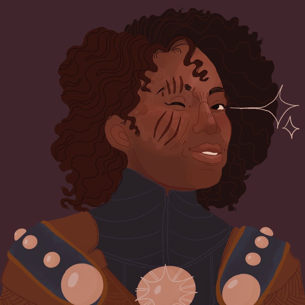 A portrait of a black woman against a violet background, winking at the viewer. She has a coiled black afro, a round face, and three claw scars raked over her right eye, which is the same eye she is winking with. She is wearing blue leather armor with copper-colored shoulders and bright, pearl-colored accents.

Art by @hawkepockets on Tumblr.