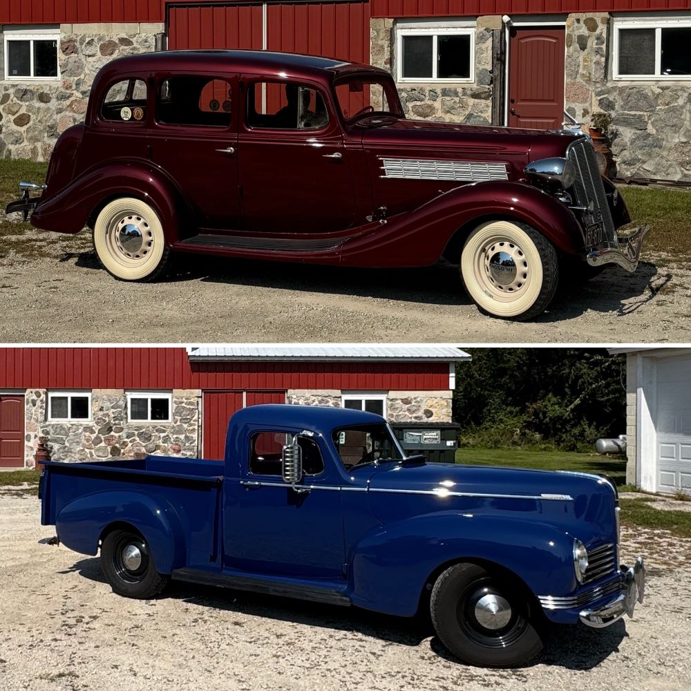 1935 Hudson sedan and 1942 Hudson pickup truck. A friend uses my garage for one in the warm seasons so we can use it on our date nights. He traded the truck for the sedan today. The truck is off to Milwaukee for a few months before winter storage. 