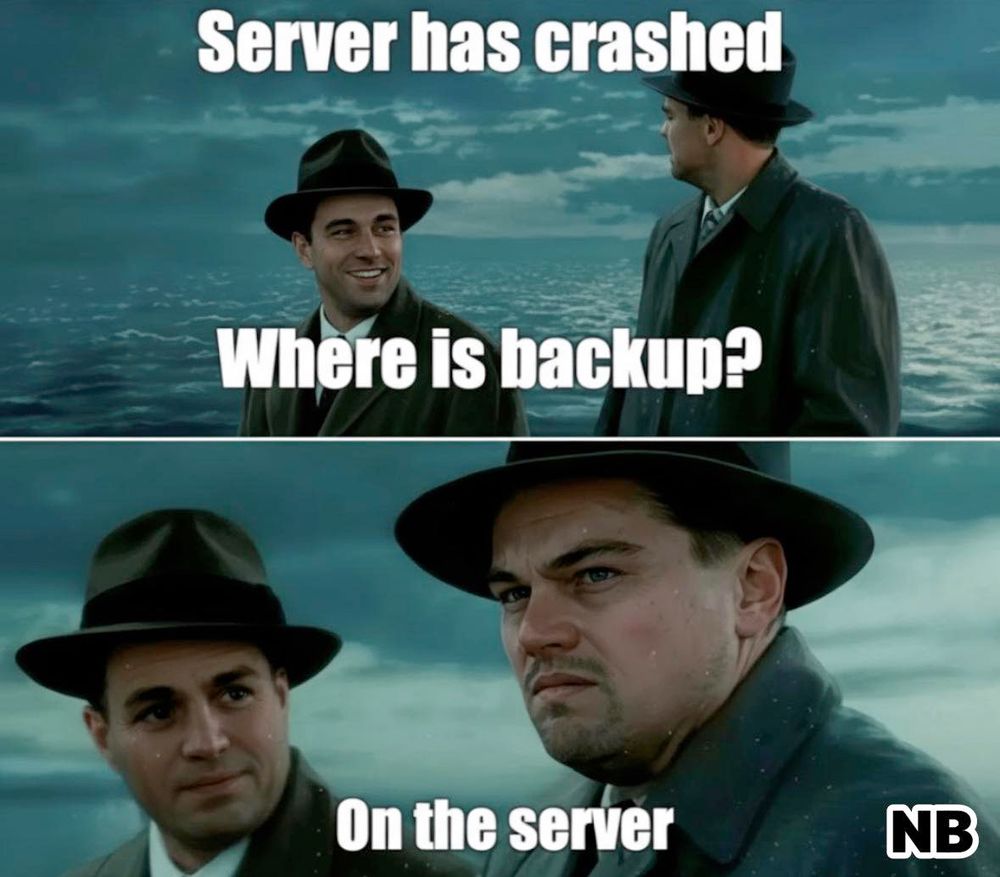 Two men on a boat in Detective outfits one asks Server has crashed where is backup? The other man says on the server.