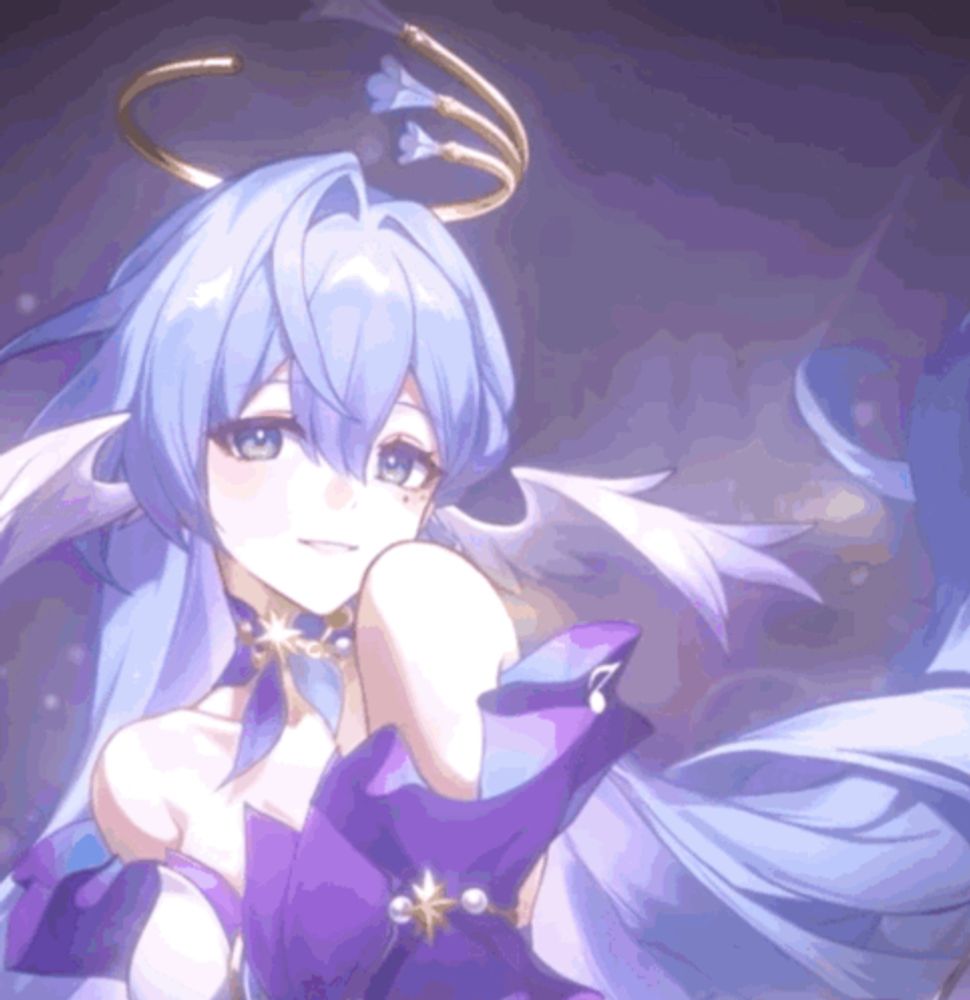 a girl with blue hair and a purple dress has a halo around her head