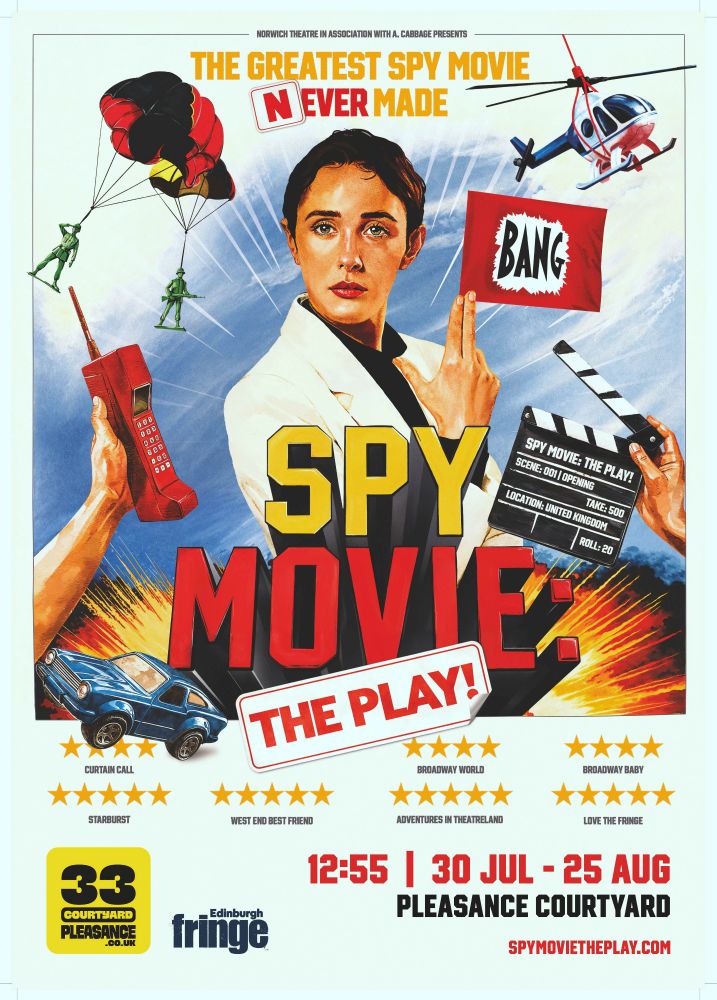 A female spy stands centre, fingers pointwd like a gun. A pop-gun BANG flag sticking out. Around her a huge explosion, a matchbox car speeding away, a toy heicopter suspended from above, 2 toy parachutists descending, a phonecall being handed from one side and a clapperboard at the other sayong Spy Movie The Play