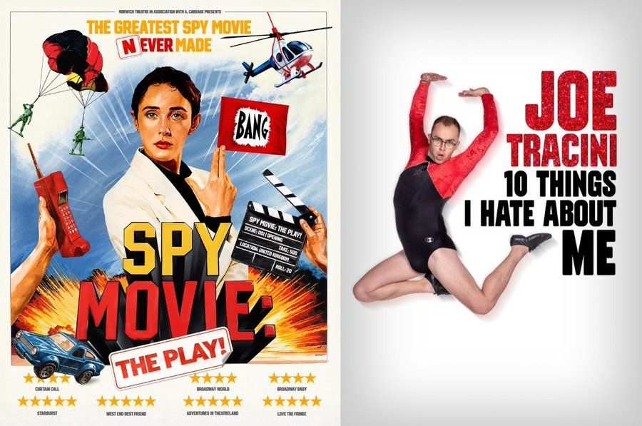 Show posters for Spy Movie and Joe Tracini. In Joe's, he is dressed in a sparkly dance leotard leaping in the air. In Spy Movie, a woman stands in Bond pose with her fingers held up like a gun. Around her, an explosion, a toy car driving away, two parachutists (plastic toys), a hand holding out an old-style brick mobile phone, a toy helicopter, and a clapperboard which says Spy Movie: The Play!