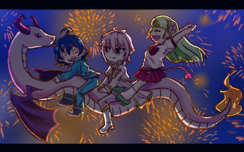 chibi suzuki iruma, asmodeus alice, and clara valac (from welcome to demon school iruma kun / mairimashita iruma-kun) on azzy's gorgon snake familiar flying through the night with fireworks in the background