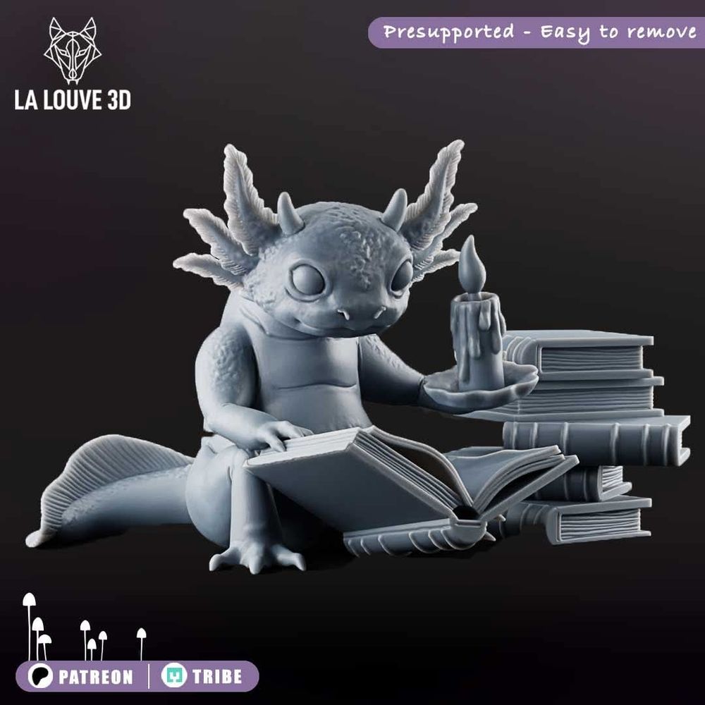 Modélisation 3D d'un jeune axolotl anthropomorphique qui lit un grimoire.