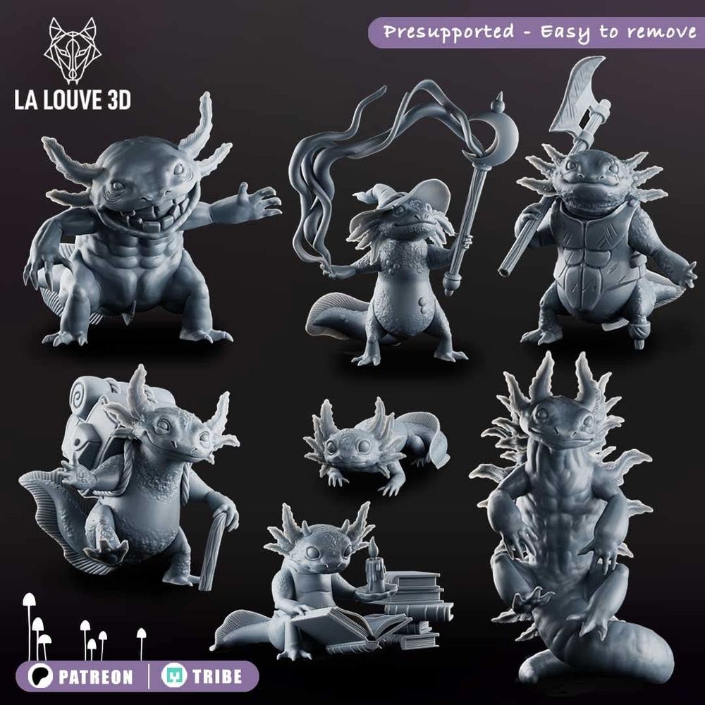 7 miniatures d'axolotls fantastiques, rendus 3D.