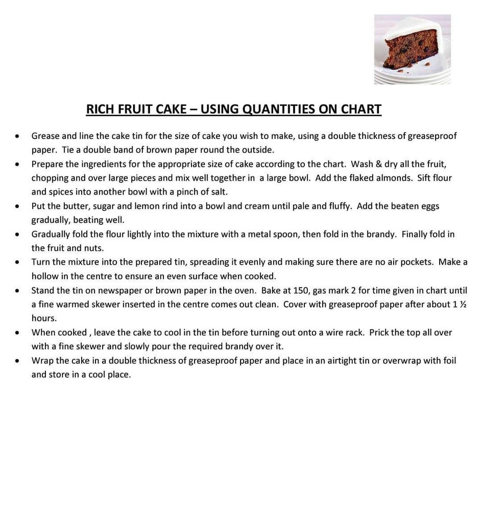 Companion instructions for making any size of fruit cake 