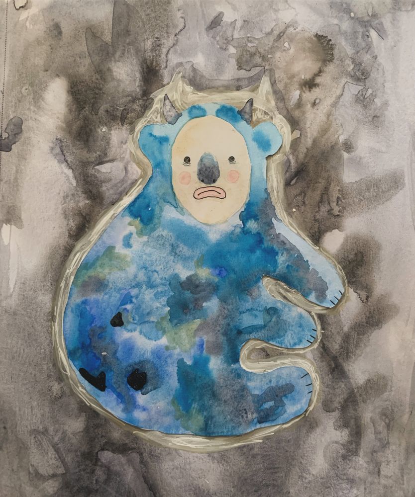 Watercolor of Blue creature with horns and a sad expression. 