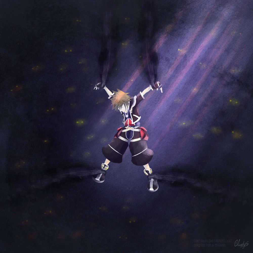 Sora from KH2 unconscious chained by black smoke at his hands and feet in a black place filled with heartless, with a faint ray of light at the top right of the illustration