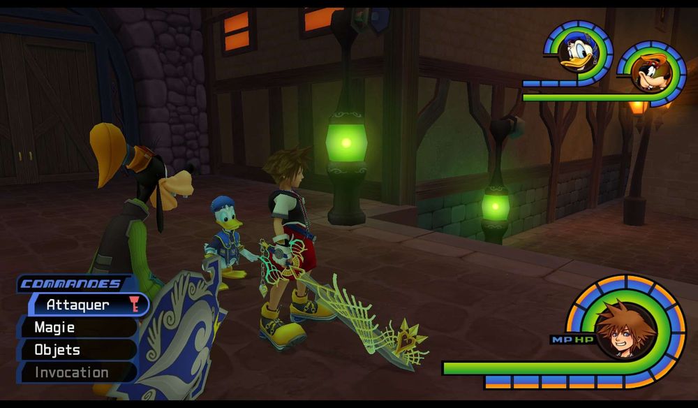 Screenshot of my KH1 playthrough, Sora holding the Ultima Keyblade with Donald and Goofy next to him.