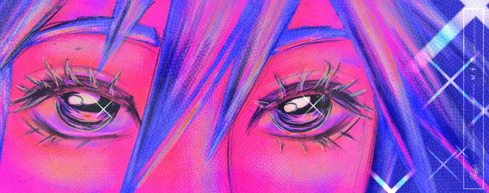 Sketch drawing of Sora's eyes with a very saturated mix of white, pink, magenta, purple and blue.