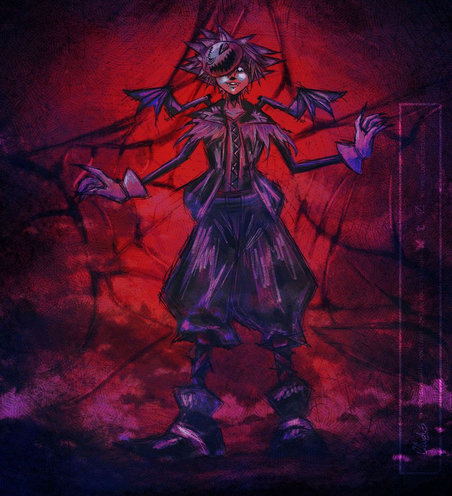 Fan art of Sora in Halloween Town with a spiderweb in the background. Colored red, purple, and black.