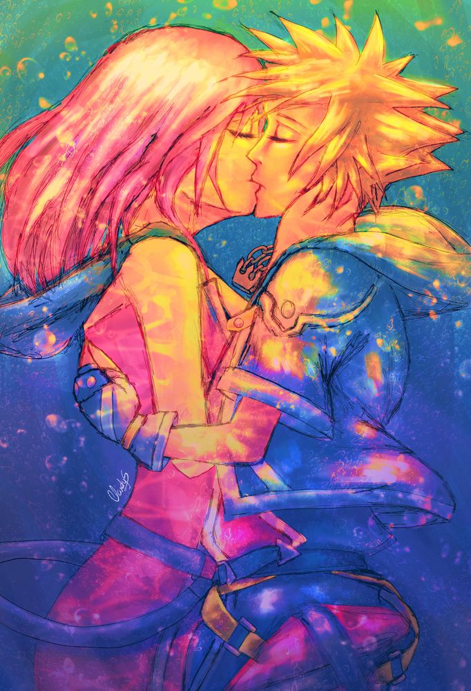 Sora & Kairi kiss underwater, with very saturated colors