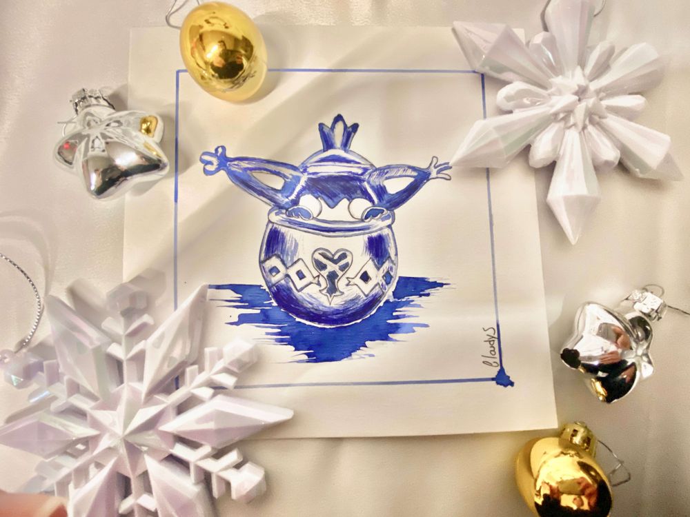 drawing on paper of a Magic Popcat made in blue India ink, with for decoration on the edges of the drawing Christmas decorations in the shape of snowflakes, silver stars and gold Christmas balls.