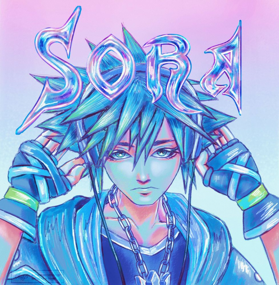 Sora KH2 version listening to music with wired headphones, illustration with shades of blue, purple & pink
