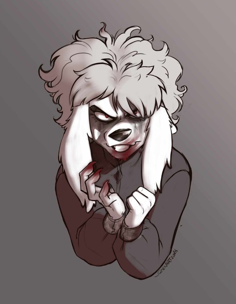 Zima heandcuffed with bloody face and blurry maskara.