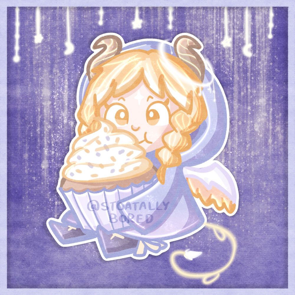 A chibi digital drawing of a happy pastel-coloured demon girl in an oversized purple hoodie holding a giant cupcake with sprinkles. She has blonde hair in plaits, little brown curly horns, a tiny glowing tail, and little white and yellow wings. The drawing has lots of sparkles and glowing elements on top of and around the character. She's on a dark purple background with a pastel purple frame, and glowing moons, stars, and dots are hanging down from the top.

(Character is Estelle – an OC belonging to lizphlox on Art Fight)