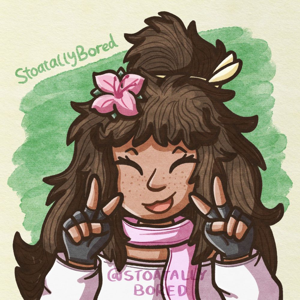 A digital drawing of a girl from the chest up. She's smiling with her eyes closed as she does two peace signs with her hands. She has tan skin, freckles, and a lot of curly brown hair. She's wearing a white top, pink scarf, and fingerless grey gloves. She has a pink flower in her hair and a pastel yellow hair tie.

(Character is Quinn - an OC who belongs to N0tqu1nn on Art Fight)