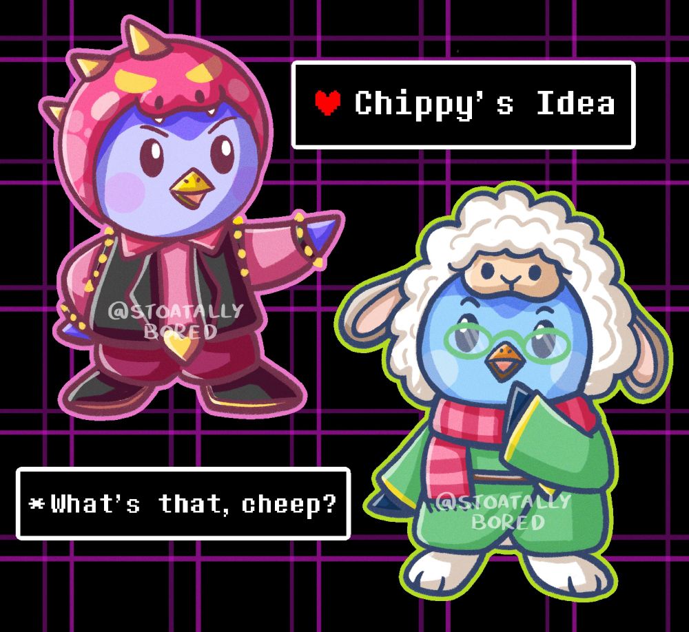 A digital drawing inspired by the Finch app and Deltarune, featuring two Finches – Chippy and Filbert. Chippy is a purple finch wearing a monster hood and a black shirt with spiked bands to resemble Susie, and Filbert is a blue finch with a sheep hood, green glasses, and green wizard robes to resemble Ralsei. Chippy is pointing with one wing at a Deltarune-style dialogue box that reads: "Chippy's Idea". Filbert is looking up at him with one wing to his face in curiosity, as his own dialogue box reads: "What's that, cheep?"

(Characters are Chippy and Filbert – Chippy is an OC who belongs to squidinkcookiefan420 on Art Fight, and Filbert is an OC who belongs to me!)