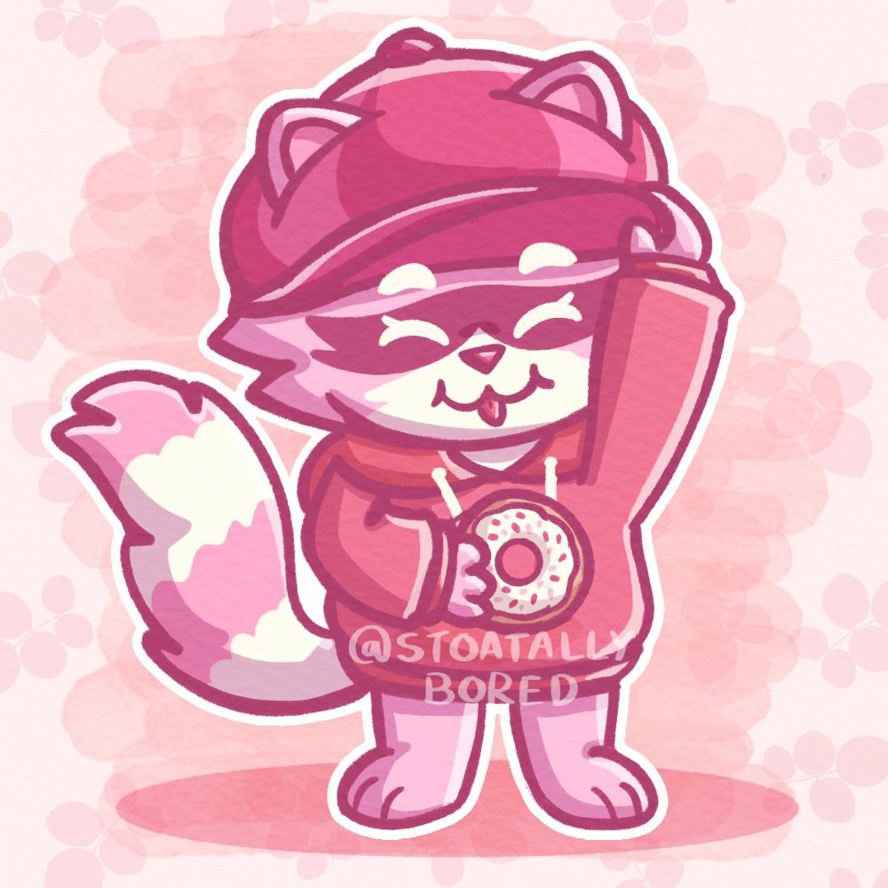 A digital illustration of a cute pink raccoon character wearing a darker pink hoodie and hat. She's smiling with her eyes closed and her tongue sticking out, and is holding a doughnut with sprinkles in one paw and holding the brim of her cap with the other.

(Character is Sakura – an OC belonging to typhwosion on Art Fight)