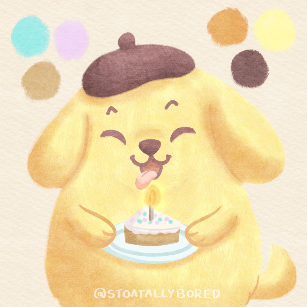 A soft digital illustration of Pompompurin. He has his eyes closed in a big smile, his tongue is sticking out, and he's holding a plate of birthday cake with sprinkles and a candle.