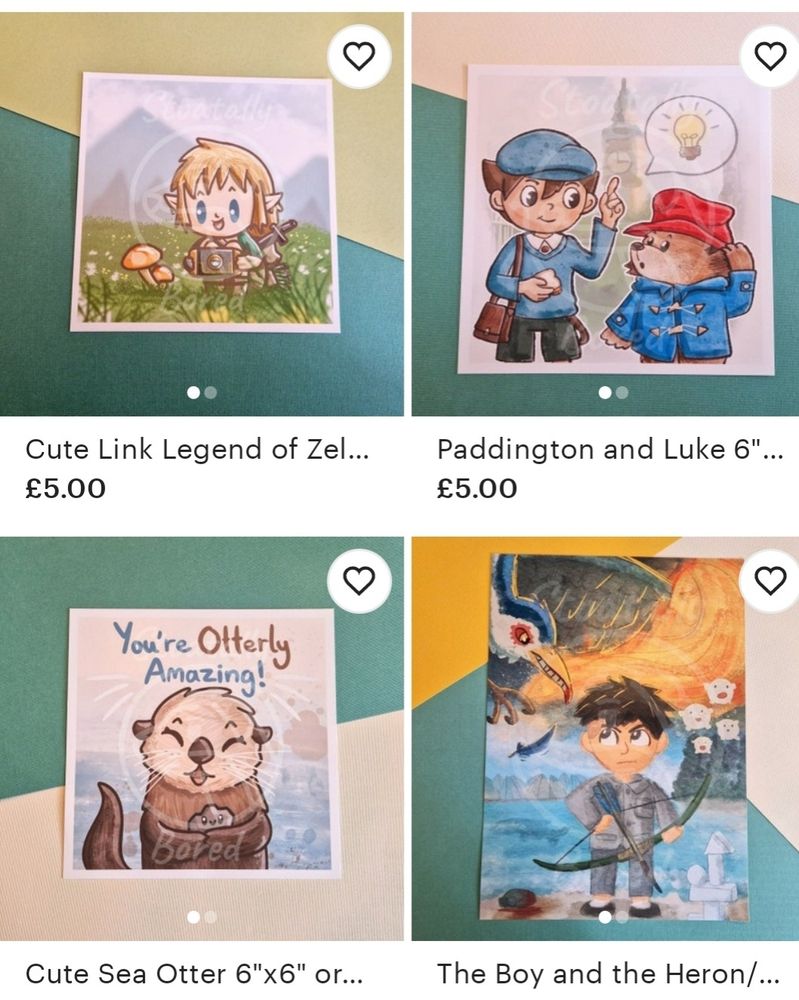 A screenshot of some items from my Etsy shop!

Featuring square art prints of Link from Zelda, Paddington Bear and Luke from Professor Layton, a cute sea otter, and an A4 print of a poster of the Ghibli film "The Boy and the Heron"