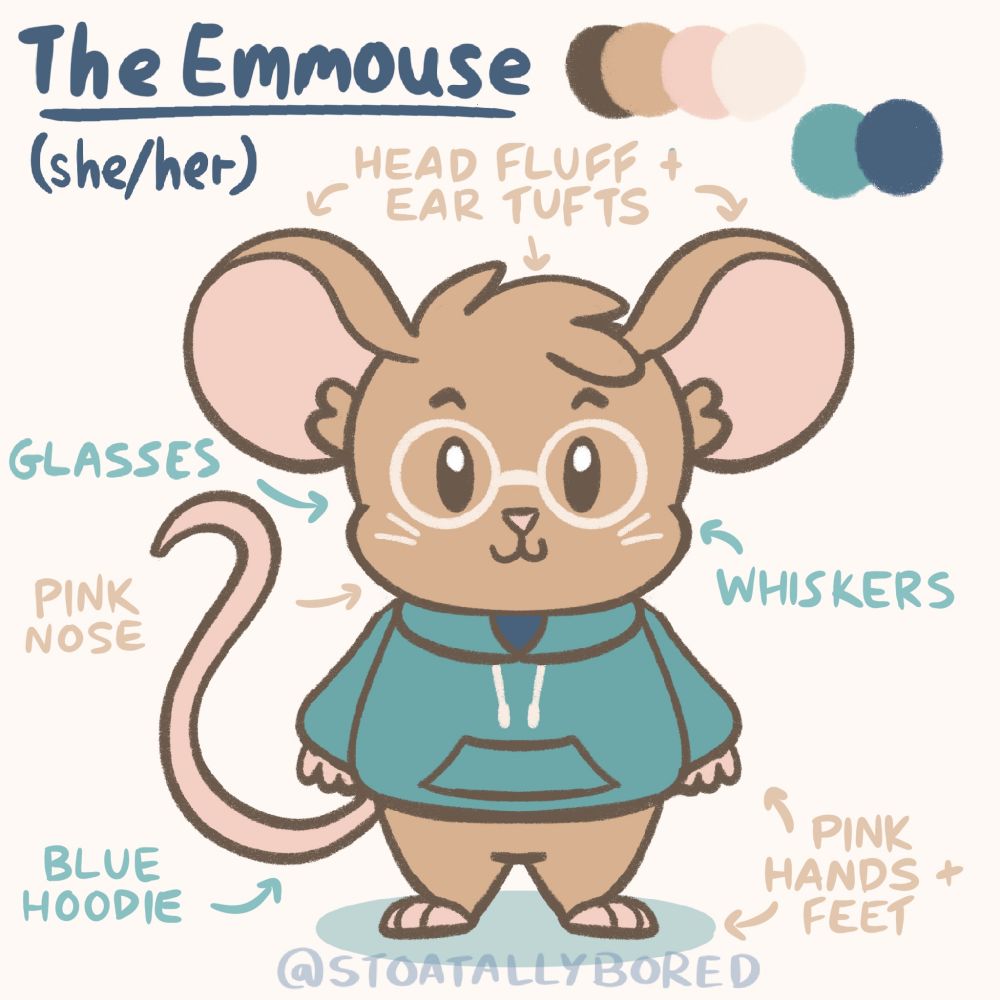 A character reference for "The Emmouse" – a light brown mouse oc wearing a blue hoodie and round glasses.

Text in the top left corner reads "The Emmouse (she/her)", and there are little notes with arrows drawn around her. They point out her head fluff and ear tufts, glasses, whiskers, pink nose, blue hoodie, and pink hands and feet.