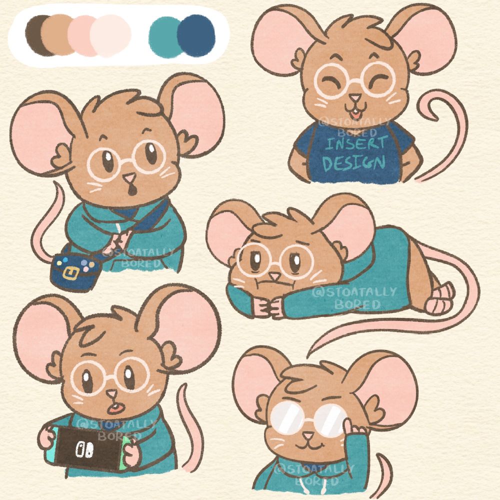 A character reference of five different poses/expressions for my OC "The Emmouse" – a light brown mouse wearing a blue hoodie and round glasses. 

In one drawing, she's taken her hoodie off and is smiling in her t-shirt that says "insert design here". In the next, she has a shoulder bag, and is looking up with a curious expression as she holds the strap with both hands. They next is her flopped flat on the floor, looking tired. The next is her playing on a Nintendo Switch. The final drawing is of her with her glasses filled in white, as if covered with an anime sheen.