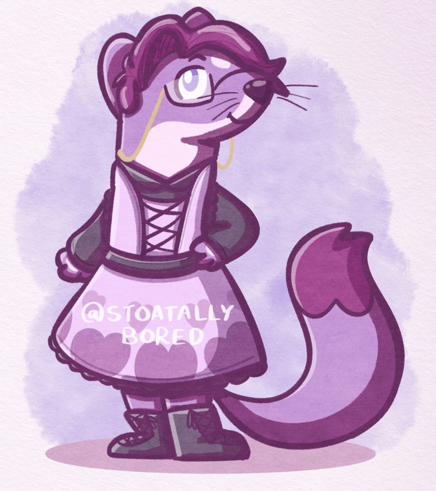 A digital drawing of a purple anthropomorphic stoat character in a light purple dress with black sleeves and a heart pattern, and black boots. They have a dark pink hairstyle, and are wearing glasses with a gold chain. They're standing with one paw on their hip and the other arm at their side.

(Character is Quote – an OC belonging to StoatUnquote on Art Fight)