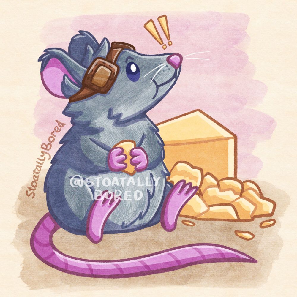 A digital drawing of a grey scruffy rat character wearing brown steampunk goggles with a pink nose, tail, and feet. He's sitting next to a pile of cheese pieces and is holding one piece in his paws. His mouth is full, and he's staring up with two exclamation points above his head, as if someone has just spotted him.

(Character is Ratthew - an OC who belongs to SummerFoxy on Art Fight)