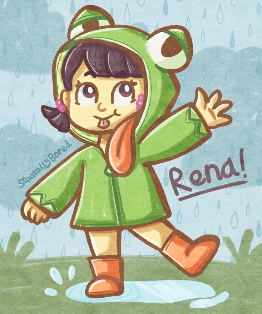 A digital drawing of Assbread's OC, Rena! She's a little girl in a frog raincoat and orange wellies, playfully splashing in a puddle with her tongue sticking out. The background is some grass, clouds, and a raindrop pattern. Text reads: Rena!
