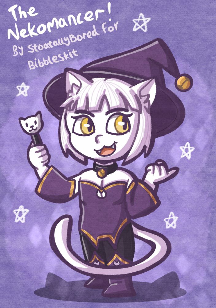 A digital drawing of Bibbleskit's OC, the Nekomancer! She's an anthropomorphic cat person with white fur and hair, yellow eyes, and a long tail curling in front of her. She's wearing a purple outfit with a gold trim and a big witch's hat, and is carrying a magic wand with a silly white cat face on it. She's on a purple background with some glittery effects and pencil star doodles, and is casting a shadow in the shape of a cat head.

Text in the top left corner reads:
The Nekomancer!
By StoatallyBored for Bibbleskit
