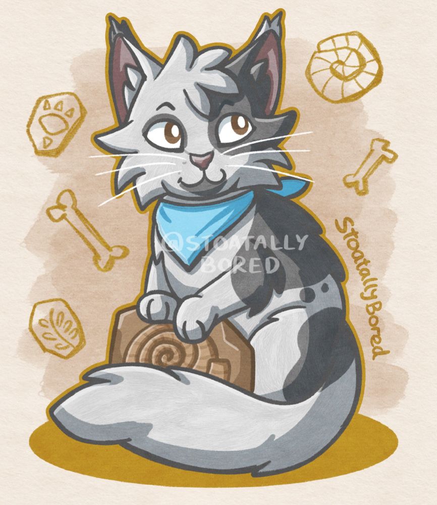 A digital drawing of a fluffy off-white cat with grey markings and brown eyes, wearing a light blue bandana. He's sat up with his paws on a rock with an ammonite fossil, and is looking proudly offscreen. He has an outline in the brown Team Fossils colour, and there are some fossil and bone pencil-style doodles in the background.

(Character is Jayheart - an OC/sona who belongs to finchii on Art Fight)