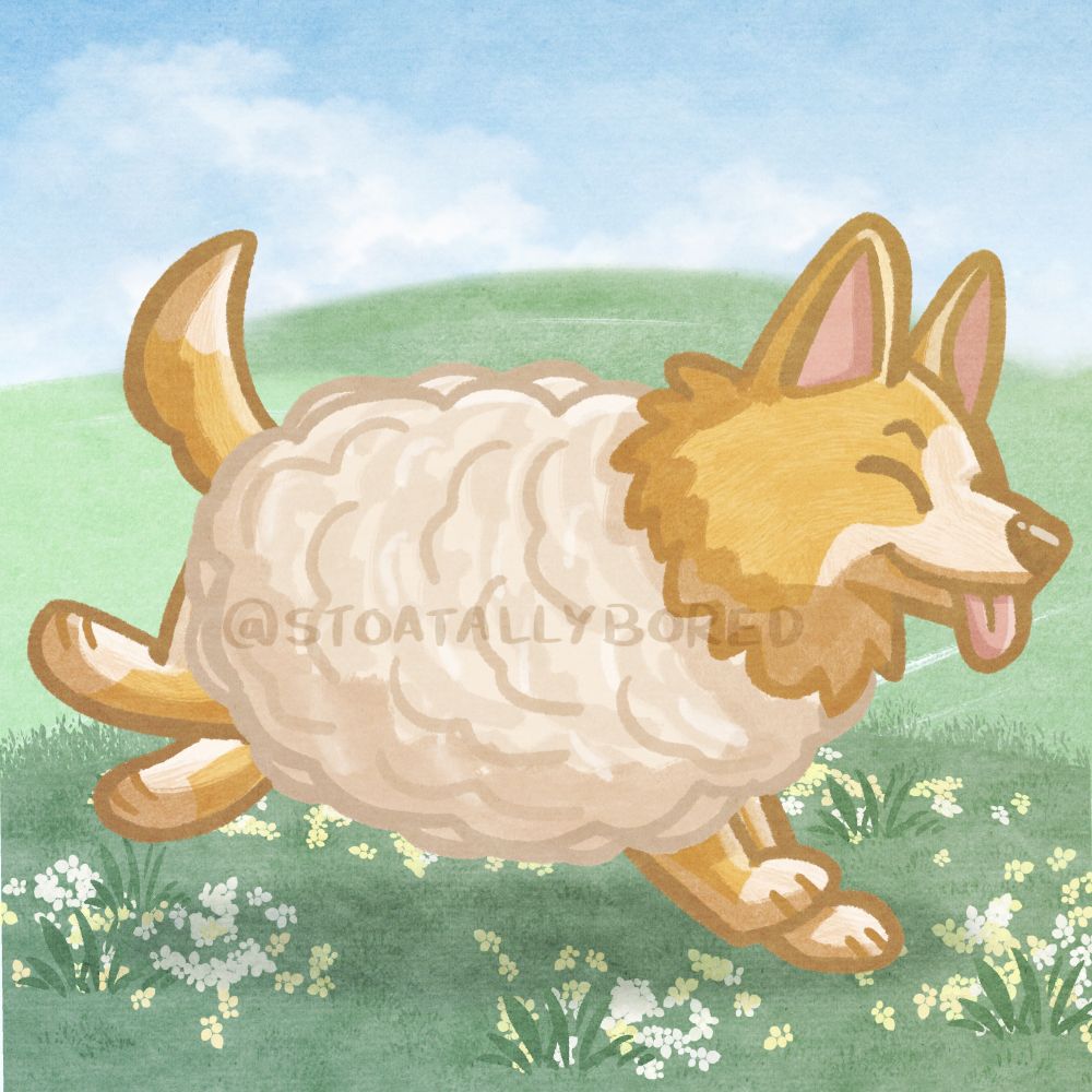 A digital drawing of a corgi/sheep hybrid happily frolicking through a field with their eyes closed and their tongue sticking out. They look like a corgi but with the fluffy cream torso of a sheep. The field they're running in has a few patches of white and yellow flowers and some darker grass patches, and there are some hills in the background.

(Character is Sheepdog – an OC belonging to MissDragon on Art Fight)