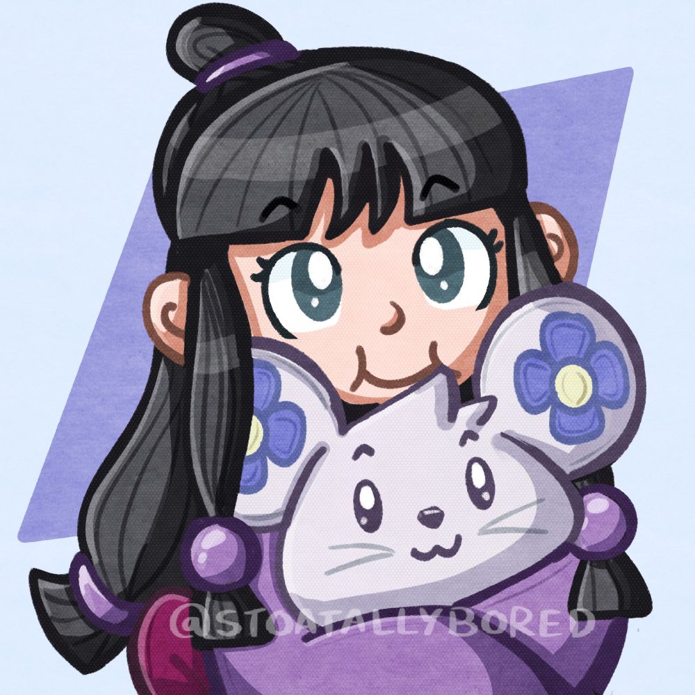 A digital illustration of Maya Fey from Ace Attorney from the waist up, hugging a big Chuunosuke (Ryunosuke Naruhodo's mouse mascot from The Great Ace Attorney Chronicles). Only Chuunosuke's head is visible, and Maya has both arms wrapped around him tightly, squishing him against her face.