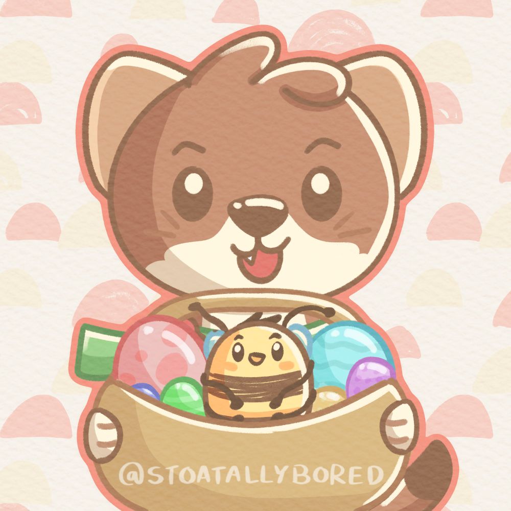 A digital kawaii illustration of two of my OCs: Poppy the stoat and Basil the bumblebee. Poppy has a big smile on her face as she excitedly holds up a large basket full of colourful patterned Easter eggs. Basil is sat in the middle of the eggs, and has his arms tucked in to make himself the same shape as them. He's smiling too.