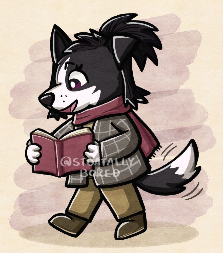 A cute chibi digital drawing of an anthropomorphic border collie character. She's walking along with a happy expression and her tail wagging as she looks down at a red book she's holding open in front of her. She has darker black hair behind her ears and in a tuft on her head. She's wearing a red scarf, a brown plaid jacket, yellowish-brown trousers, and brown shoes. 

(Character is Dalia - an OC who belongs to Vuelo_de_Irbis on Art Fight)