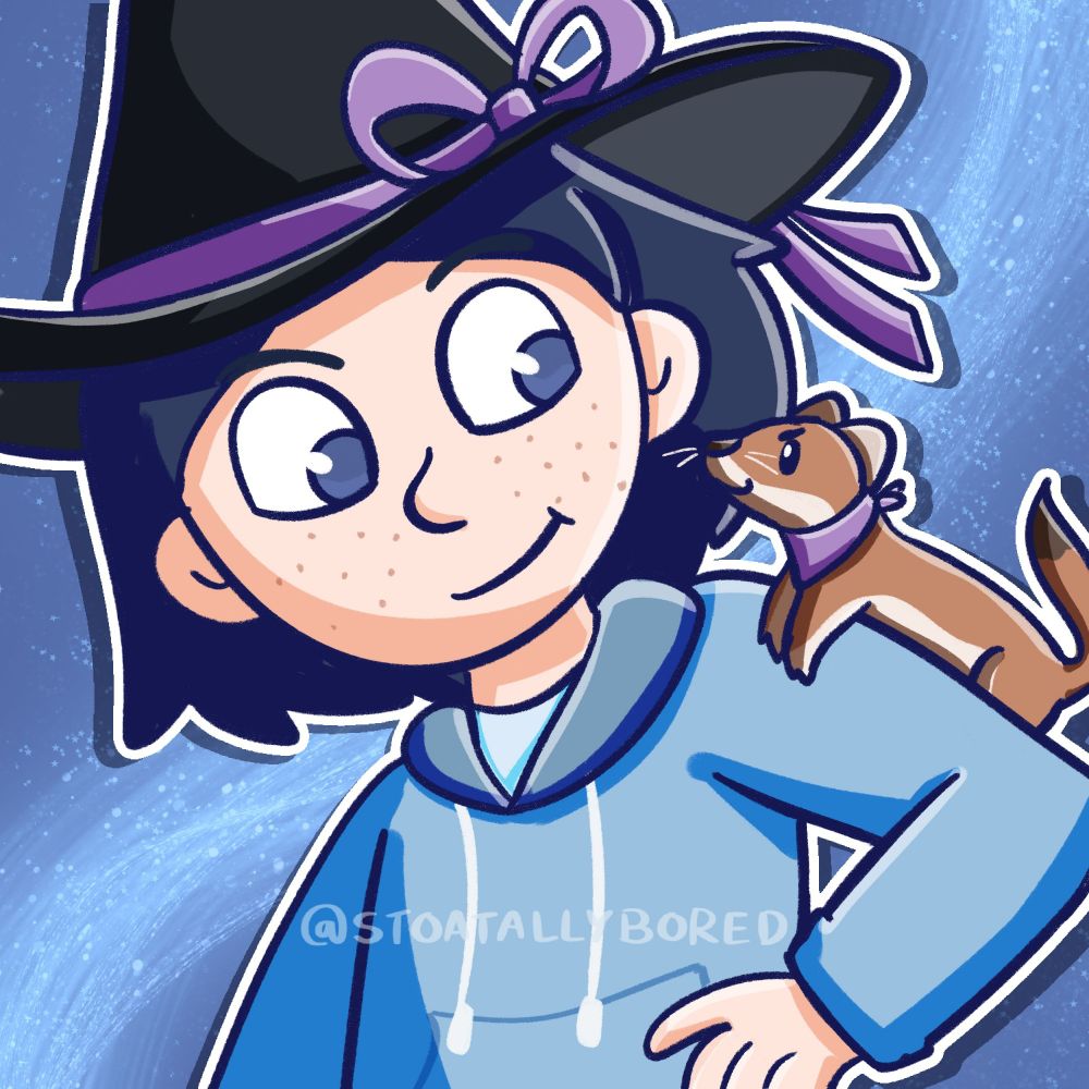 A digital drawing of my witch OC, Heather. She has light skin, blue eyes, and freckles. She has shortish dark blue hair and is wearing a light blue hoodie and a black witch hat with a purple bow tied round it. She's grinning at a little stoat on her shoulder who also has a mischievous expression and is wearing a tiny purple bandanna.