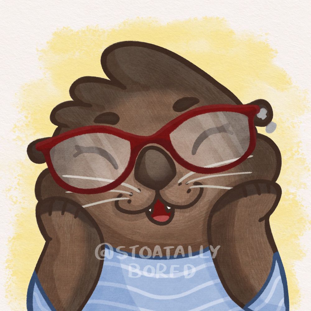 A digital drawing of a headshot of a sea otter character wearing a blue stripy shirt and big red glasses. They have their eyes closed and their mouth open in a smile as they push up her squishy otter cheeks with their paws. They're coloured brown with lighter markings on their face and arms, and darker markings on their ears and paws. They have some big tufts of fur shaping the top of her head. They have a little piercing in one ear. The background is a yellow watercolour-style scribble.