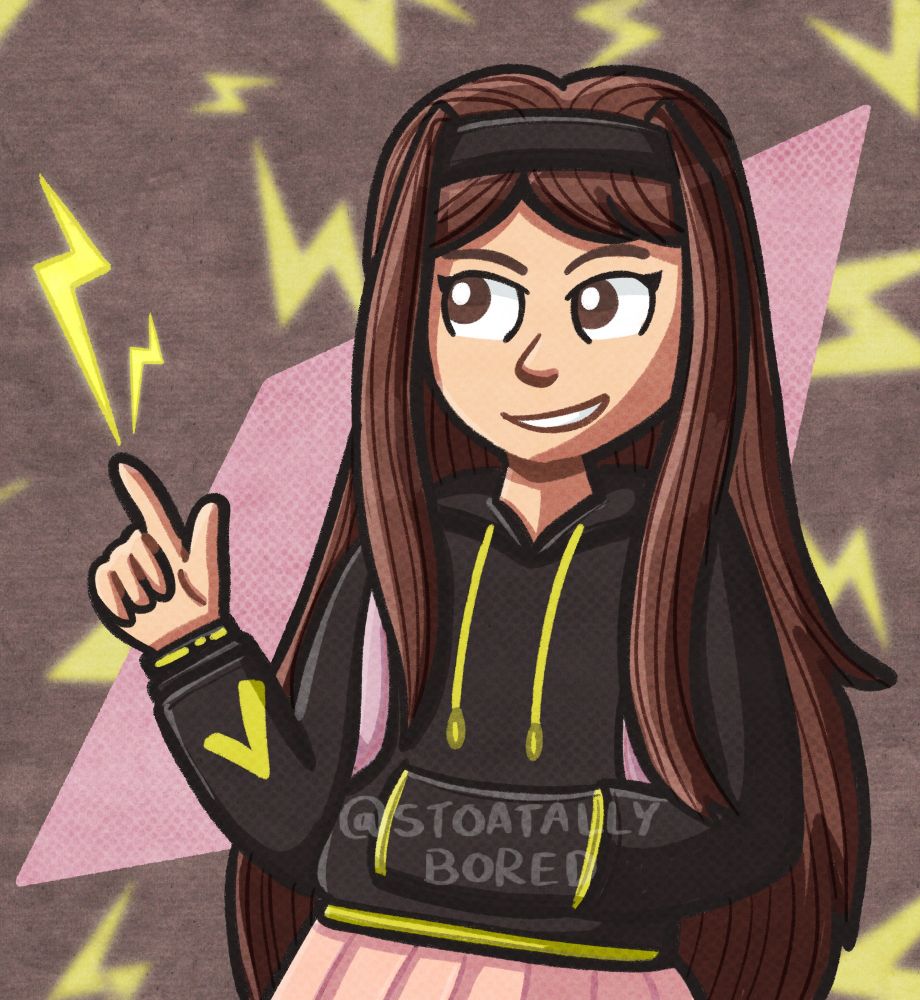 A digital drawing of a light-skinned girl with long brown hair from the waist up. She's wearing a black hoodie with yellow accents, pink backpack straps, a pink skirt, and a black headband. She has one hand in her pocket and is using the other to shoot a couple of lightning bolts, which she's grinning at. The background has more lightning bolts.

(Character is Emma Sparx – an OC belonging to sunnycrisp on Art Fight)