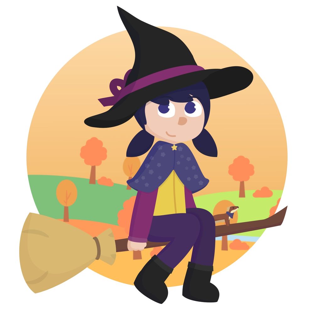 An vector digital drawing of an old design of my witch OC, Heather, sat on a broomstick in front of a circular autumnal background. She has light skin, navy blue eyes, and navy blue hair in pigtails. She's wearing a big black witch's hat with a purple bow, a little dark purple starry cape, a yellow and purple long-sleeved outfit, and black boots. Her tiny weasel familiar is stood on the broom by her leg, wearing a dark purple bandana. She's looking off to the side with a nervous little smile, and the weasel has a mischievous look.