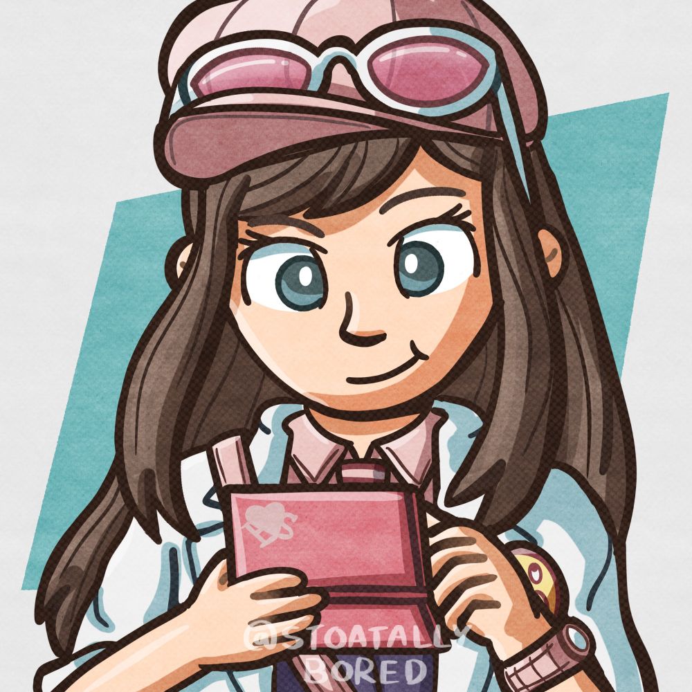 A half-body digital illustration of Ema Skye from Ace Attorney Investigations: Miles Edgeworth. She has a determined smile as she looks down at the pink DS she's holding. She's using one hand to support it, and tapping something on it with the other.