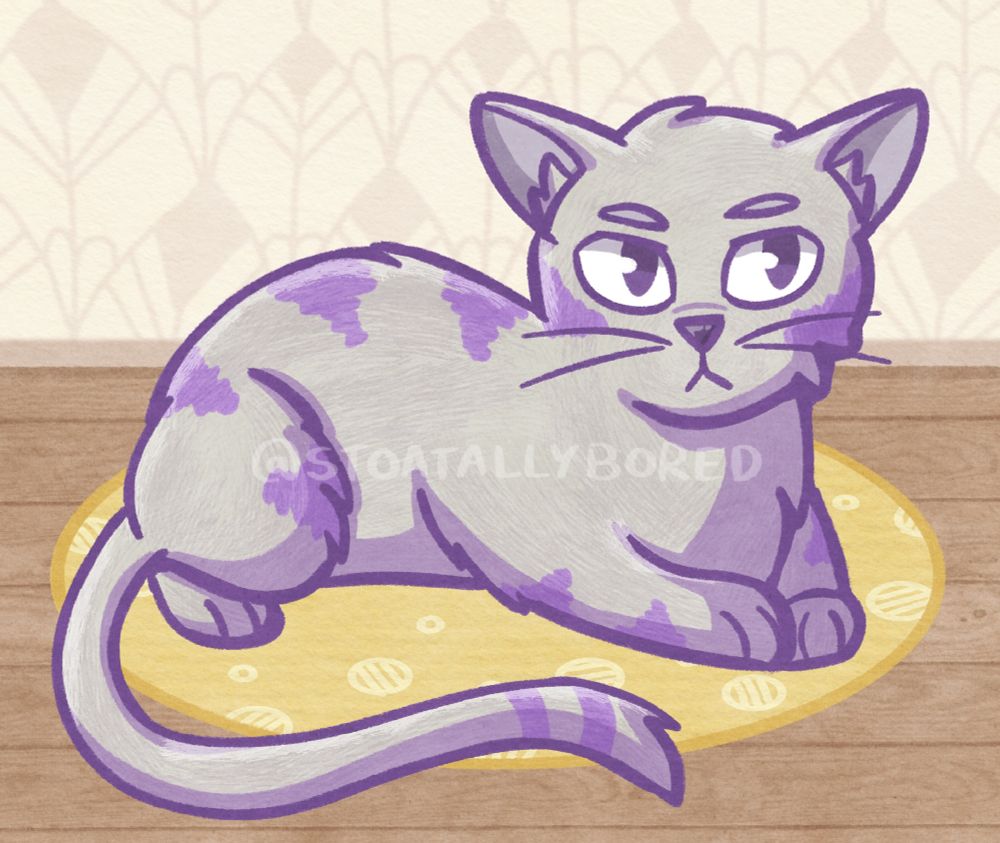 A digital drawing of an off-white cat with lilac markings, lying on a yellow rug with a grumpy expression. The rug is on a wooden floor and there's some patterned wallpaper behind him.

(Character is Kaleidoscope – an OC belonging to ChanceOfCrime on Art Fight)
