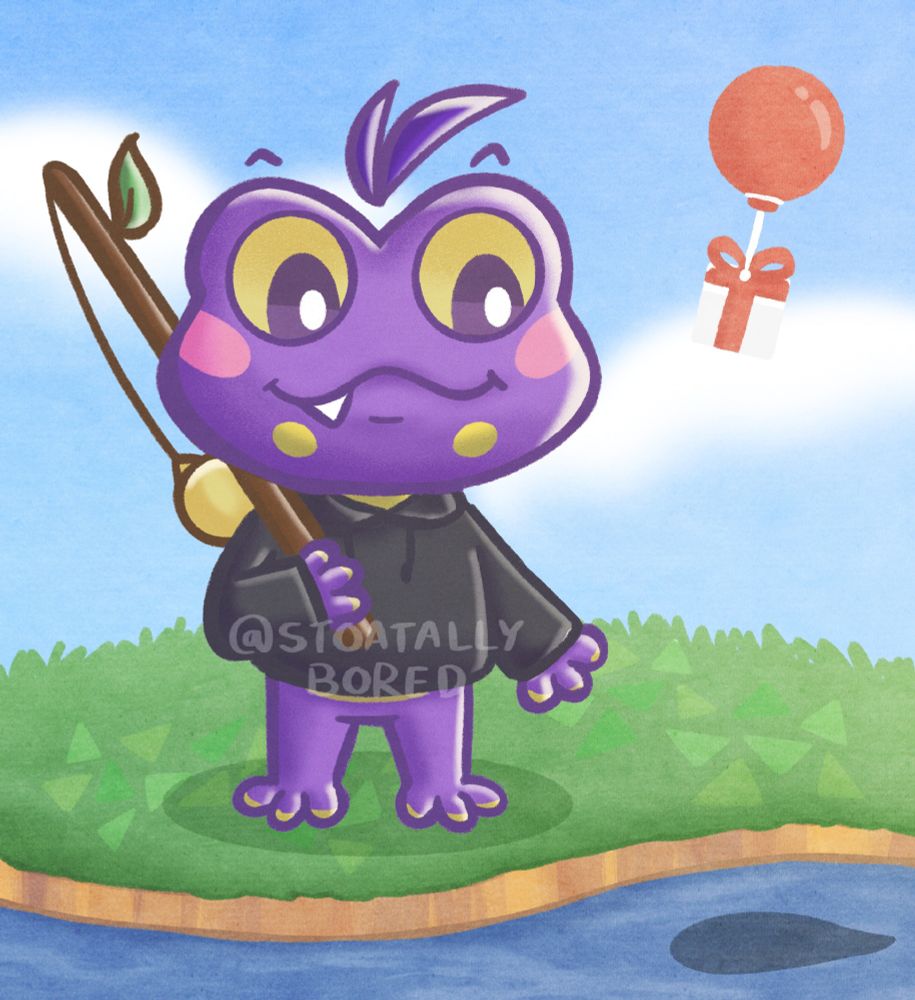 A digital drawing of an Animal Crossing-style purple frog character on an Animal Crossing-style background of grass with a river bank. The frog is wearing a black hoodie, has big yellow eyes, dark purple hair, and yellow and pink dots on their face. They're holding a fishing rod and staring down eagerly at a fish shadow in the river. A red balloon with a present attached is floating by in the background.

(Character is Zandrewbert – an OC belonging to MessyZandrewbert on Art Fight)