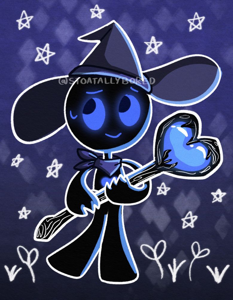 A digital drawing of a black vaguely humanoid wizard with a white outline on a dark background. He has a circular head, big blue eyes, and an anxious little smile. He's wearing a wizard hat, a little bandana round his neck, and is holding a black wooden staff with a big blue crystal heart at one end. The background is dotted with white faintly glowing doodles of grass, plants, and stars.

(Character is Mono – an OC belonging to vaseline on Art Fight)