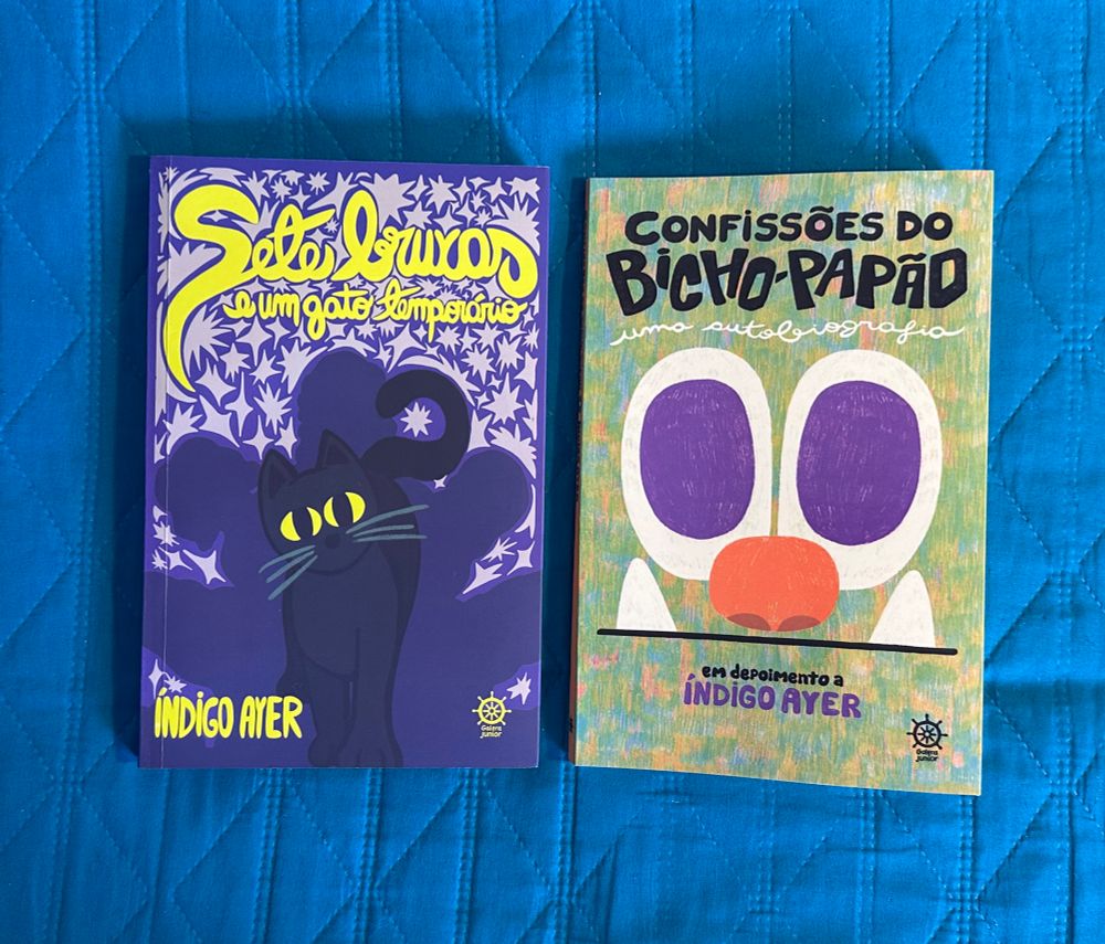 capa dos livros “confissões do bicho-papão” e “sete bruxas e um gato temporário” da indigo ayer