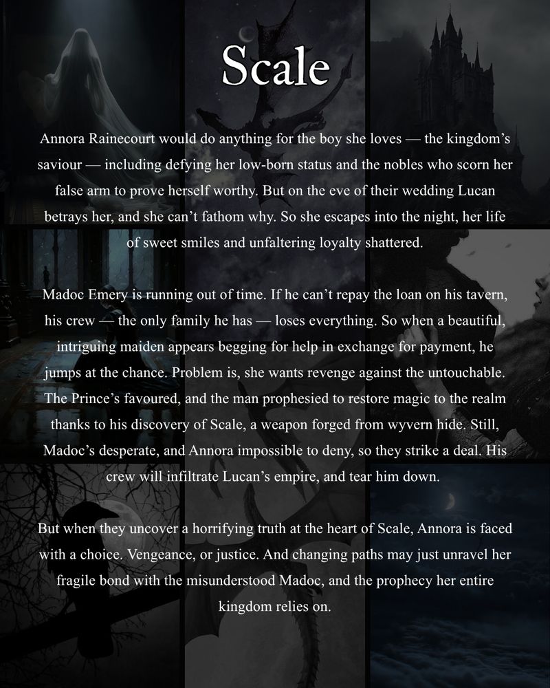 Annora Rainecourt would do anything for the boy she loves — the kingdom’s saviour — including defying her low-born status and the nobles who scorn her false arm to prove herself worthy. But on the eve of their wedding Lucan betrays her, and she can’t fathom why. So she escapes into the night, her life of sweet smiles and unfaltering loyalty shattered.

Madoc Emery is running out of time. If he can’t repay the loan on his tavern, his crew — the only family he has — loses everything. So when a beautiful, intriguing maiden appears begging for help in exchange for payment, he jumps at the chance. Problem is, she wants revenge against the untouchable. The Prince’s favoured, and the man prophesied to restore magic to the realm thanks to his discovery of Scale, a weapon forged from wyvern hide. Still, Madoc’s desperate, and Annora impossible to deny, so they strike a deal. His crew will infiltrate Lucan’s empire, and tear him down. 

But when they uncover a horrifying truth at the heart of Scale, Annora is faced with a choice. Vengeance, or justice. And changing paths may just unravel her fragile bond with the misunderstood Madoc, and the prophecy her entire kingdom relies on.
