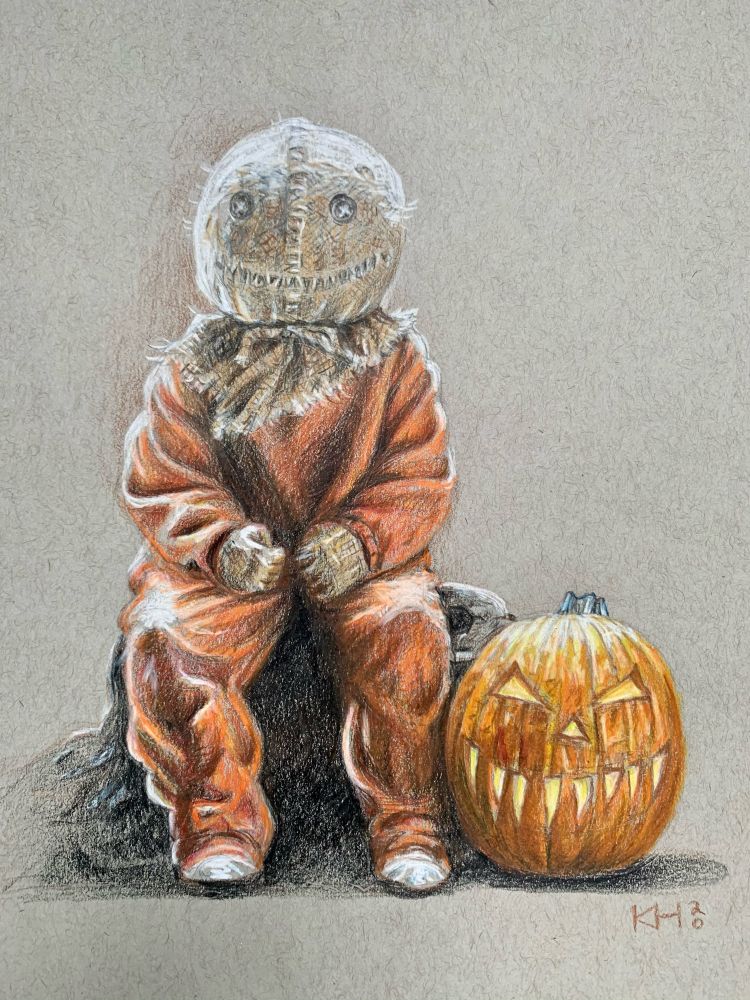 Colored pencil drawing of Sam from the movie Trick ‘r Treat